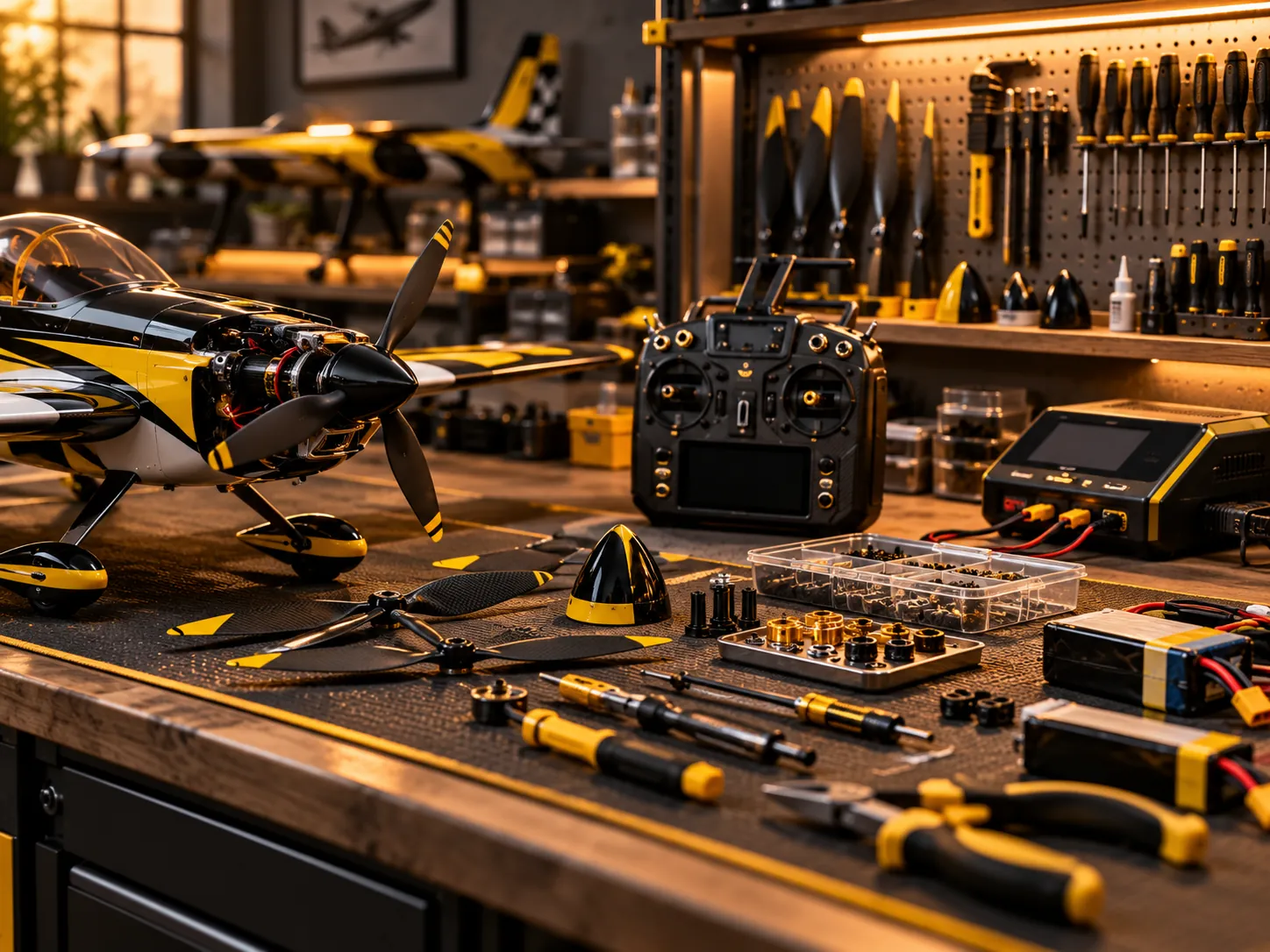 Illustrative aircraft workbench showing radio controller and tools