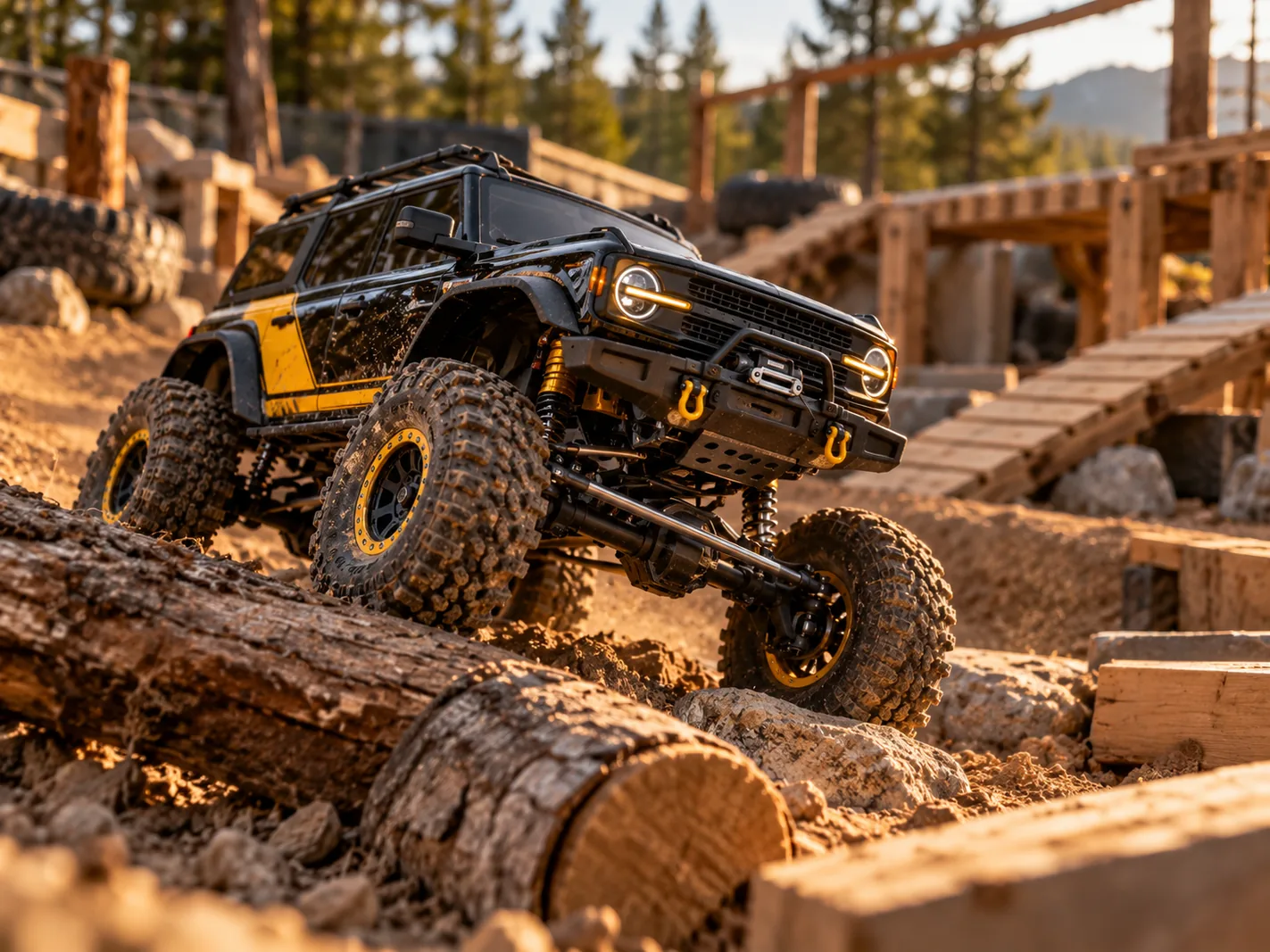 Illustrative RC crawler editorial scene; not a verified photograph of the exact model
