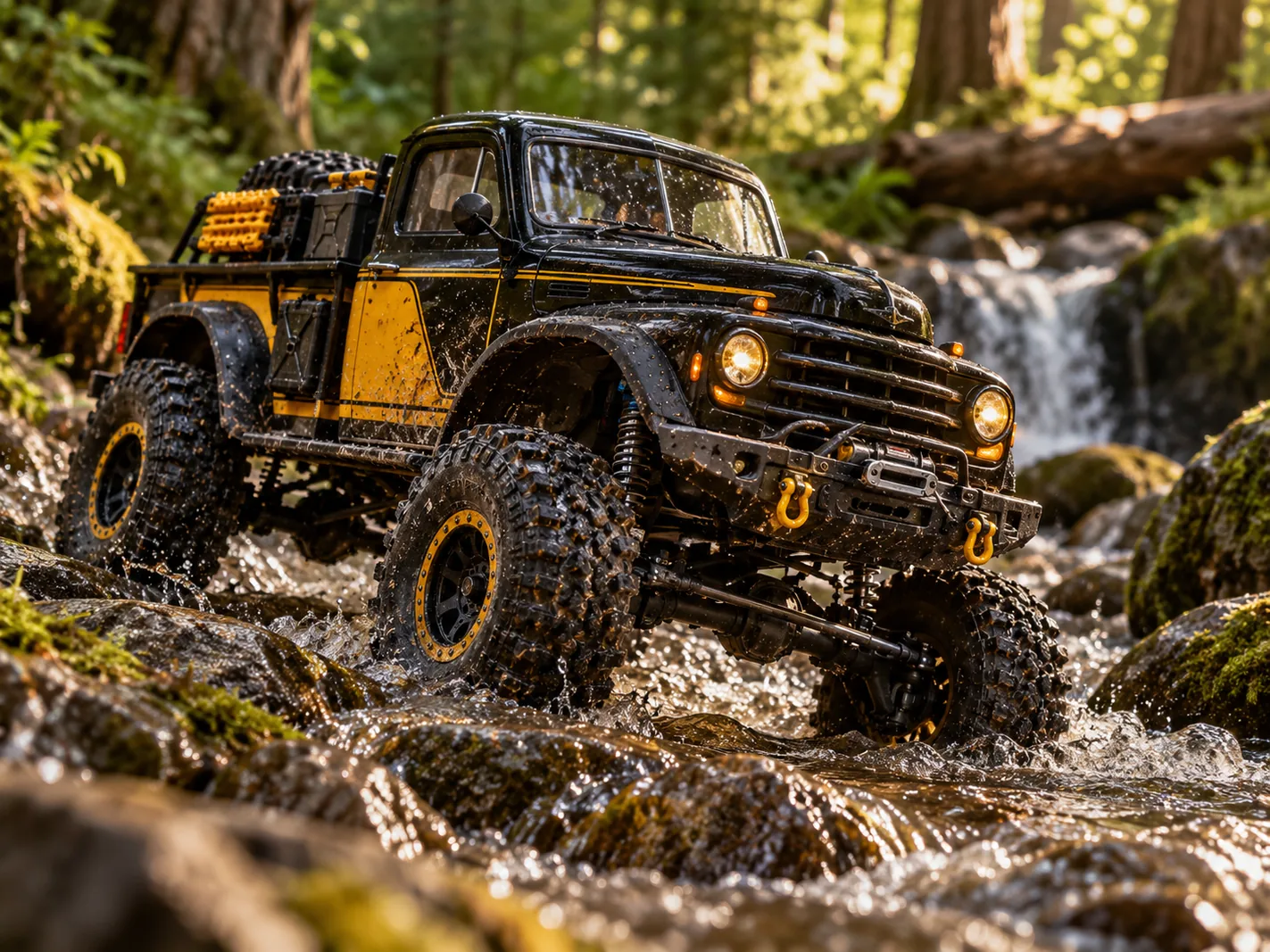 Illustrative RC crawler editorial scene; not a verified photograph of the exact model