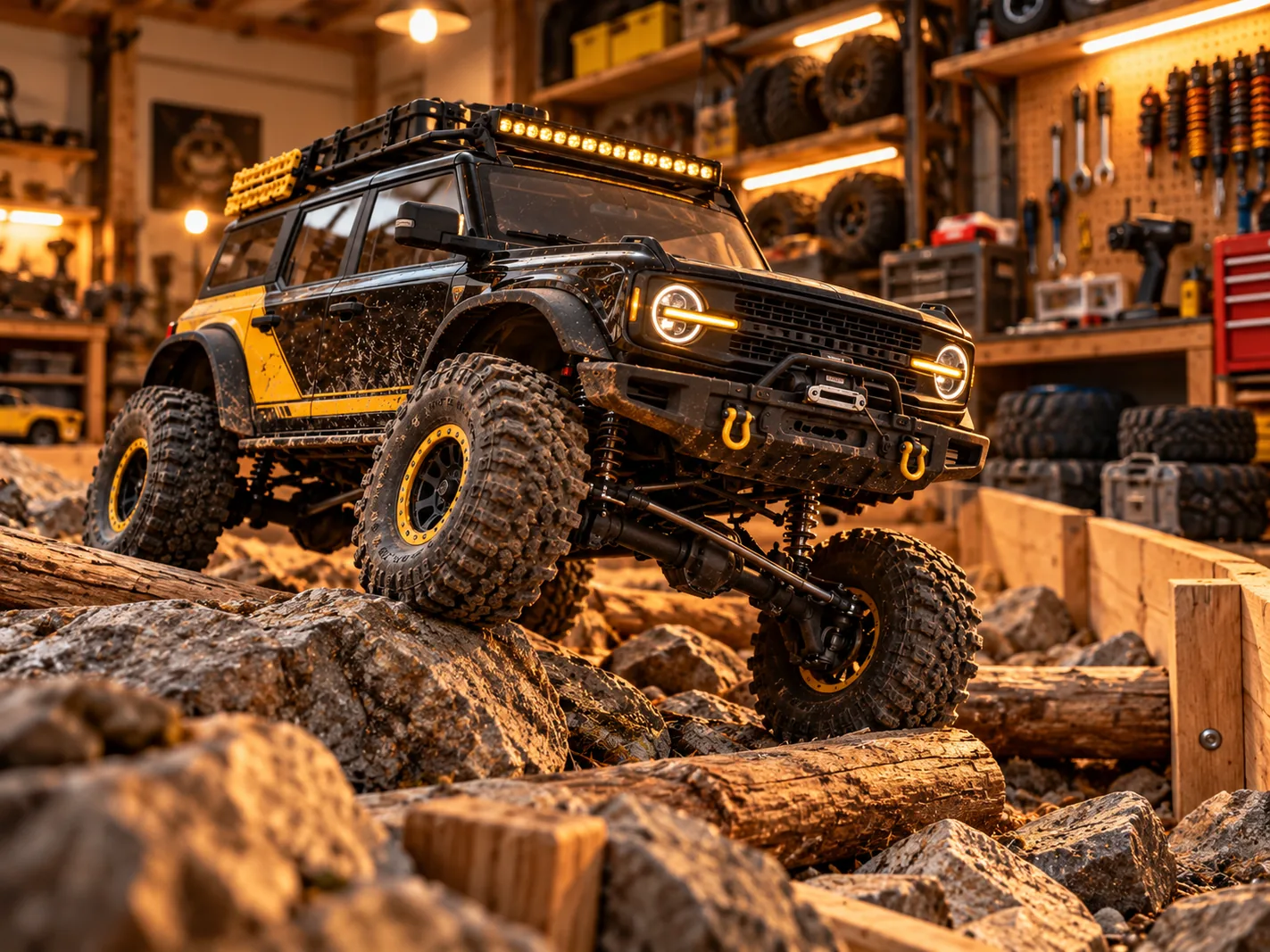 Original concept illustration of an RC crawler hobby scene, not an exact product photo