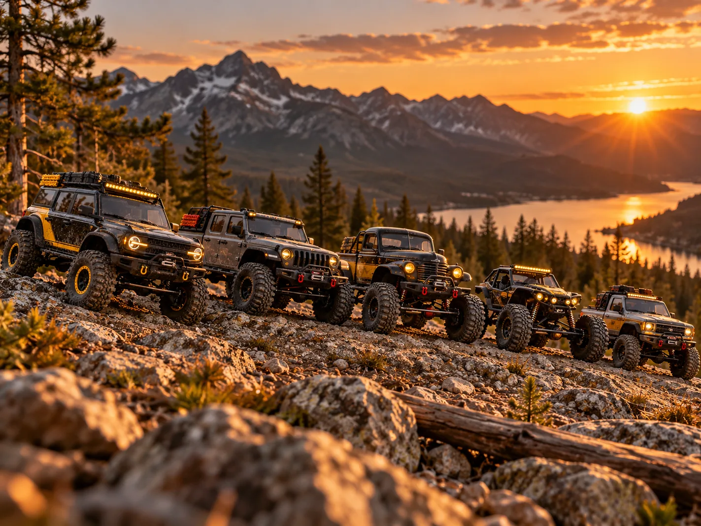 Illustrative RC crawler editorial scene; not a verified photograph of the exact model