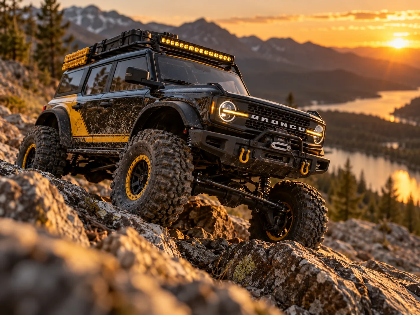 Illustrative RC crawler editorial scene; not a verified photograph of the exact model