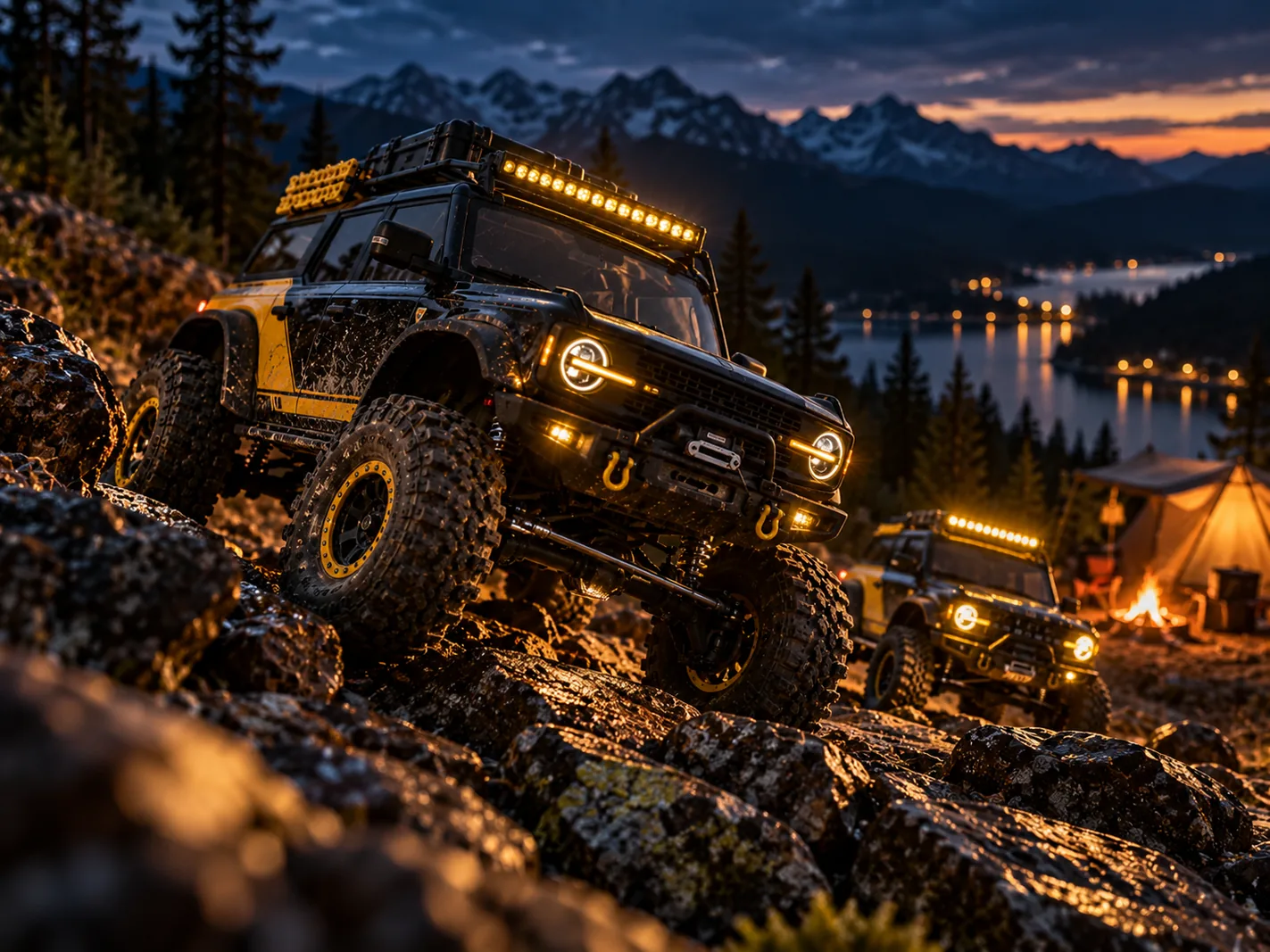 Illustrative RC crawler editorial scene; not a verified photograph of the exact model