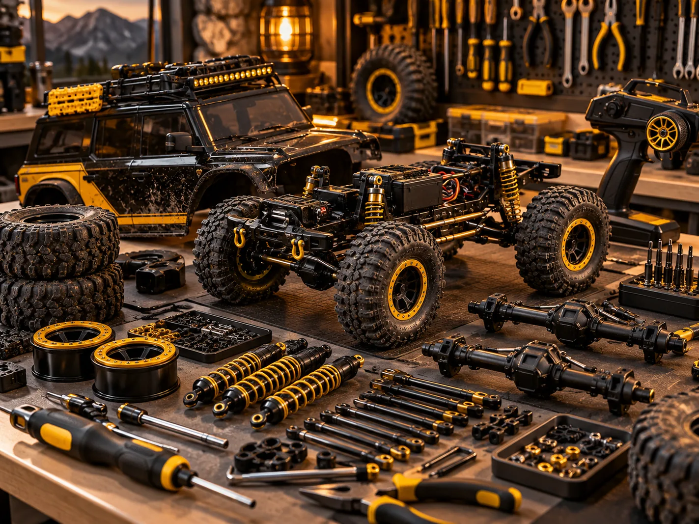 Original concept illustration of an RC crawler hobby scene, not an exact product photo