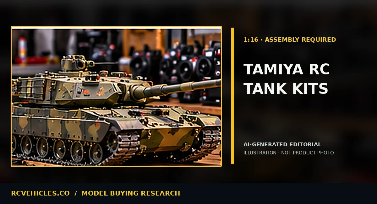 AI-generated editorial illustration for RTR vs Kit RC Tanks: Heng Long and Tamiya Buyer Comparison; not a product photograph